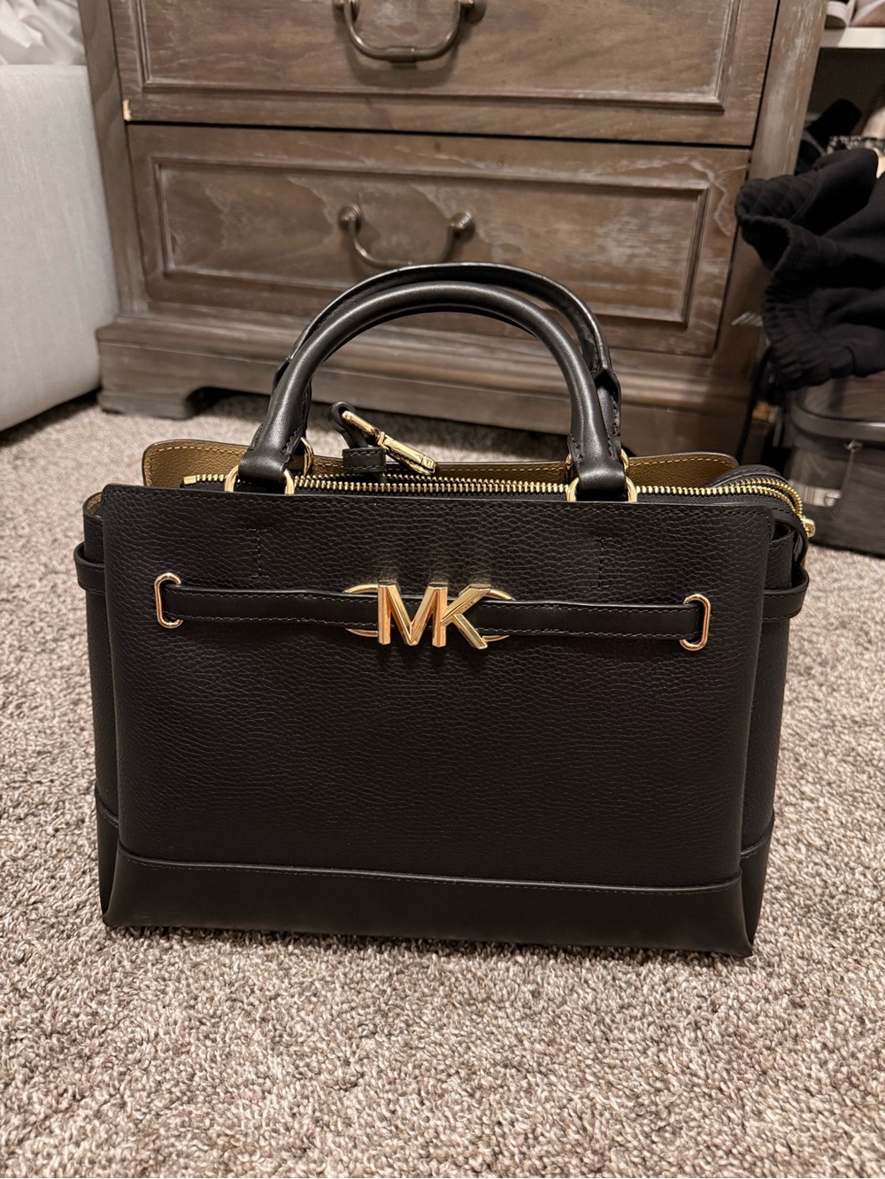 Michael Kors Black Leather Satchel with Gold MK Accent